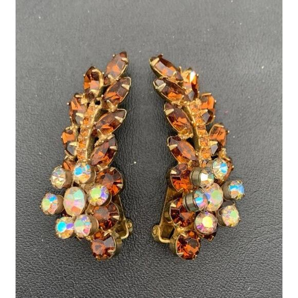 Vintage Gold Tone Topaz & AB Rhinestone Statement Ear Climber Clip On Earrings - Picture 5 of 5